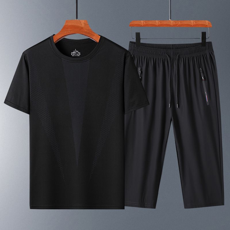 2025 New Ice Silk Set Short Sleeve T-Shirt Shorts Summer Casual Sports Dad Men's Fashion_voghion.com