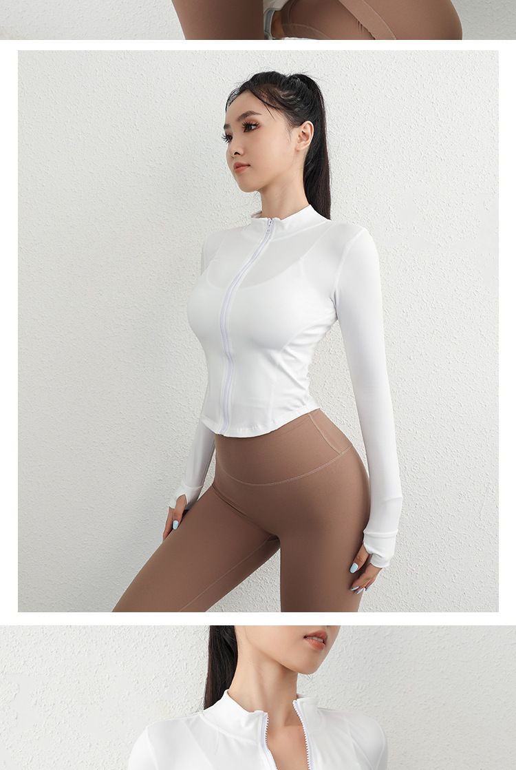 Women's Activewear White Tight Fitting Sports Jacket With Stand Up Collar, Long Sleeves, Quick Drying, Slim Fitting, Zippered Yoga Top_voghion.com
