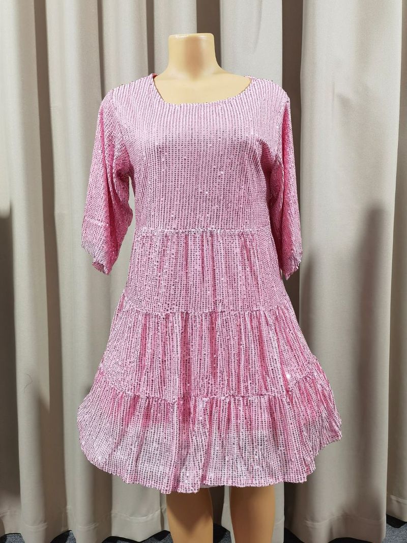 Nuovo abito alla moda con scollo rotondo, vita ampia, maniche corte e gonna con paillettes_voghion.com