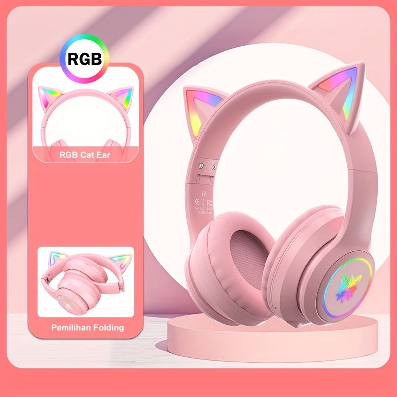 ONIKUMA Cat Ear Headphones: Wireless & Wired Mode, Foldable, RGB LED Light & Mic - Compatible With Mobile Phones & Tablets!_voghion.com