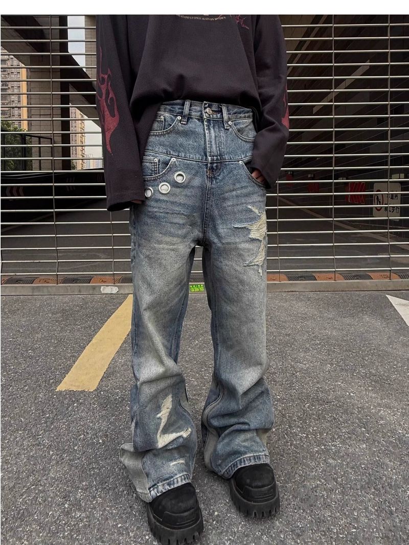 Herrkläder Amerikanska dekonstruerade sömmar Dubbla midja förstörda jeans för män Raka slanka utsvängda Cleanfit-byxor_voghion.com