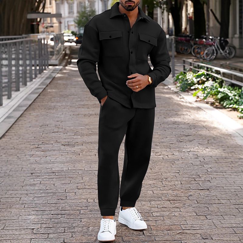 Herren-Set aus gebürsteter Fleecejacke und -hose – Einreihiger Winteranzug (S-XXXL, Schwarz/Grau/Armeegrün)_voghion.com