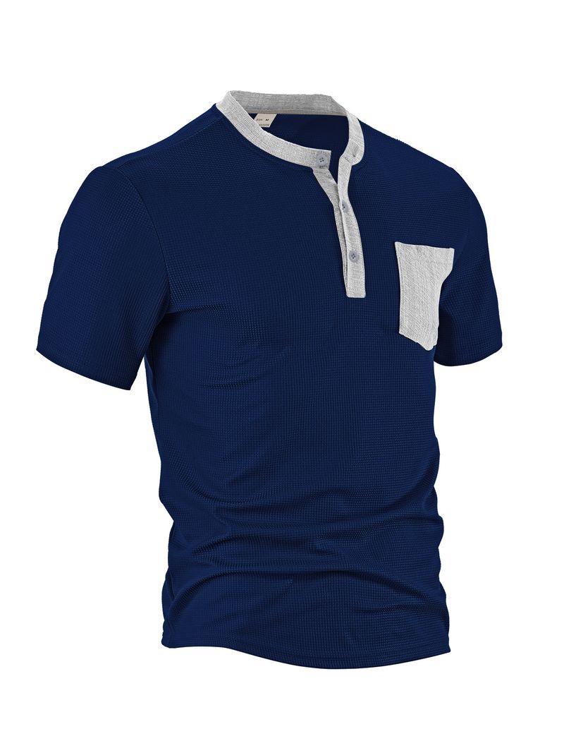 Unbeatable Quality Men's Clothing Inventory Summer New Product Machine Washable Patch Bag, Open Placket, Color Blocked Polyester Waffle_voghion.com