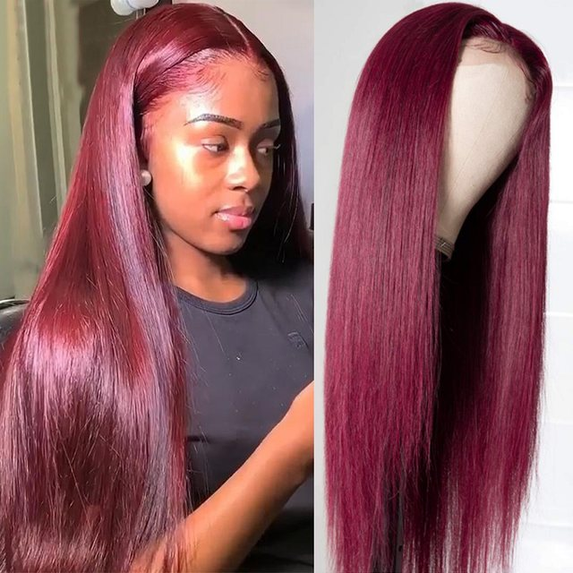 99J Vinröd 30 tum Djupvågig Jerry cruly vågig frontal peruk Rak spetsfrontperuk Äkta hår Färgad vinröd lockig spetsfrontperuk för kvinnor_voghion.com