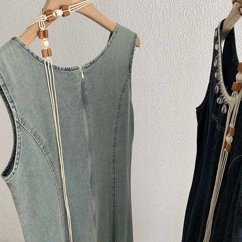 Abito in denim di media lunghezza con scollo rotondo, nappe, senza maniche, stile Omalei, estivo, da donna, 3086_voghion.com