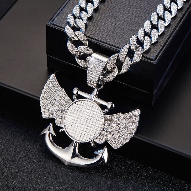 Photo Frame Wings Anchor Full Diamond Creative Design Alloy Rhinestone Cuban Chain Pendant Hip Hop Accessories_voghion.com