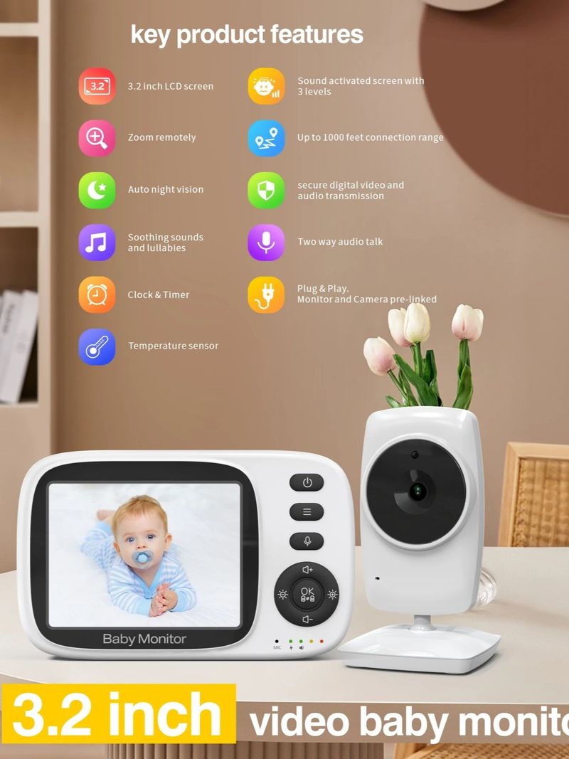 Monitor de bebé con video inalámbrico BabyStar de 3,2 pulgadas con canciones de cuna, visión nocturna automática, intercomunicador bidireccional, monitoreo de temperatura_voghion.com