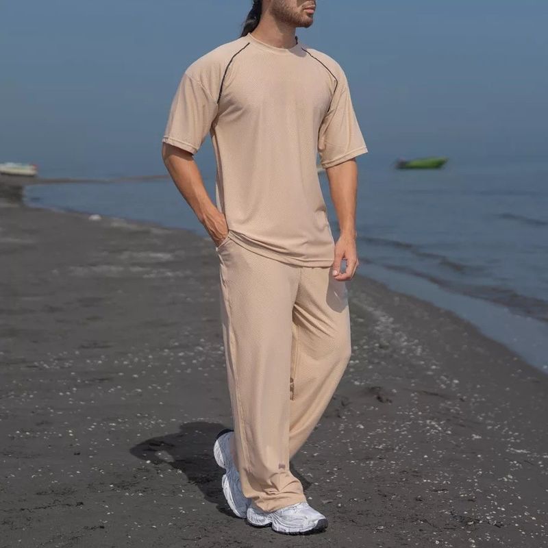 Conjunto de camiseta de manga corta y cuello redondo de algodón tipo gofre para hombre y pantalones cortos informales de corte holgado – Transpirable y cómodo para deportes y uso diario_voghion.com