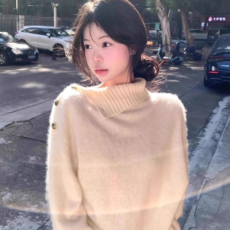 girl Lazy Style High-End Design Turtleneck Sweater Women, Loose Fit For Autumn Winter, Soft And Cozy Pullover White Top_voghion.com