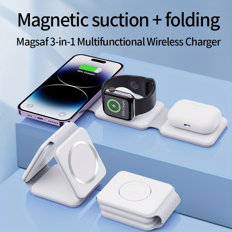 Încărcător wireless 3 în 1 pentru iPhone, stație de încărcare 3 în 1 pliabilă magnetică, încărcător de călătorie pentru mai multe dispozitive pentru seria iPhone 14/13/12, AirPods 3/2_voghion.com