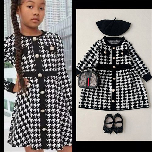 JINYONG2023 Neues kleines duftendes Kleid für Mädchen im Herbst und Winter, verwestlichter Pullover, gestrickter karierter Rock_voghion.com