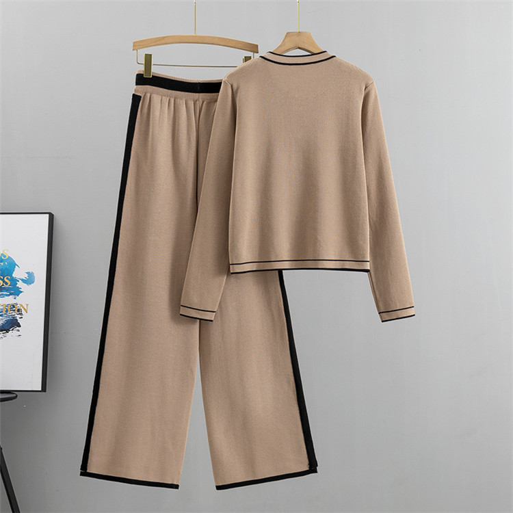 Women's fashion professional suit age-reducing temperament knit cardigan style wide leg pants two-piece set_voghion.com