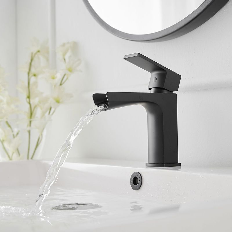 Waterfall Single Handle Single Hole Low-Arc Modern Bathroom Faucet Bathroom Drip-Free Vanity Sink Faucet In Matte Black_voghion.com