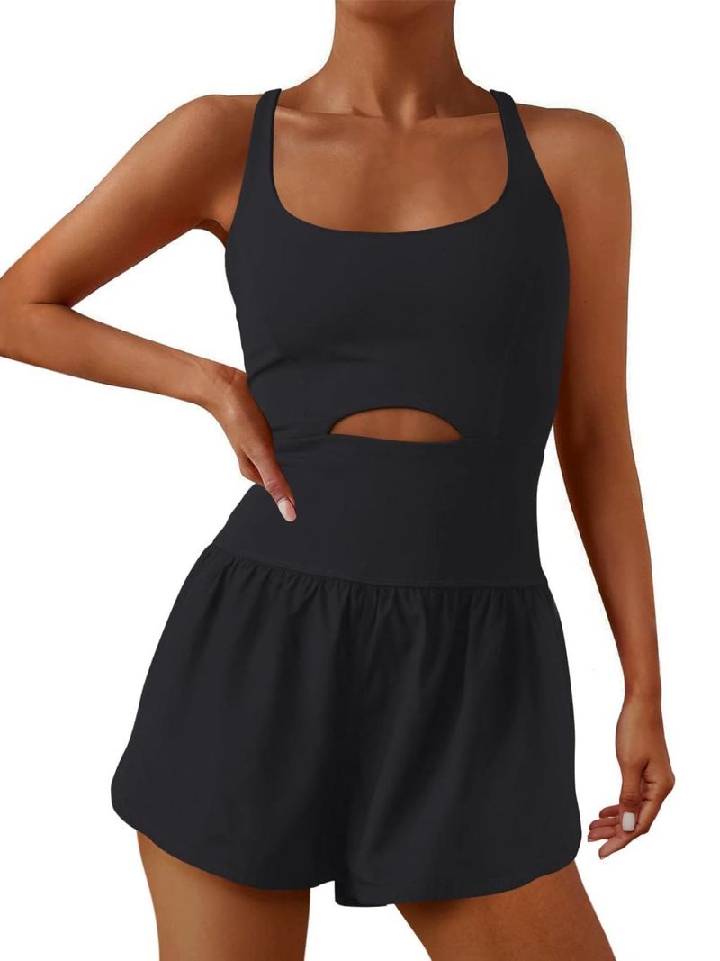 Tweedelige Illusion U-hals afslankende modieuze tanktop met aansluitende shorts, effen kleur, open rug, uitgeholde strakke romper voor dames_voghion.com