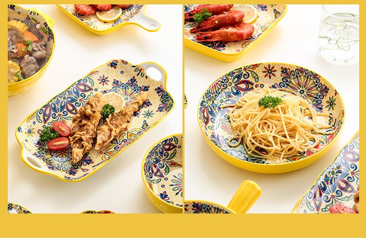 Bohemian Underglaze Ceramic Dinnerware Set - Hand-Painted Bowls & Plates For Rice Noodles & Fish Serving_voghion.com