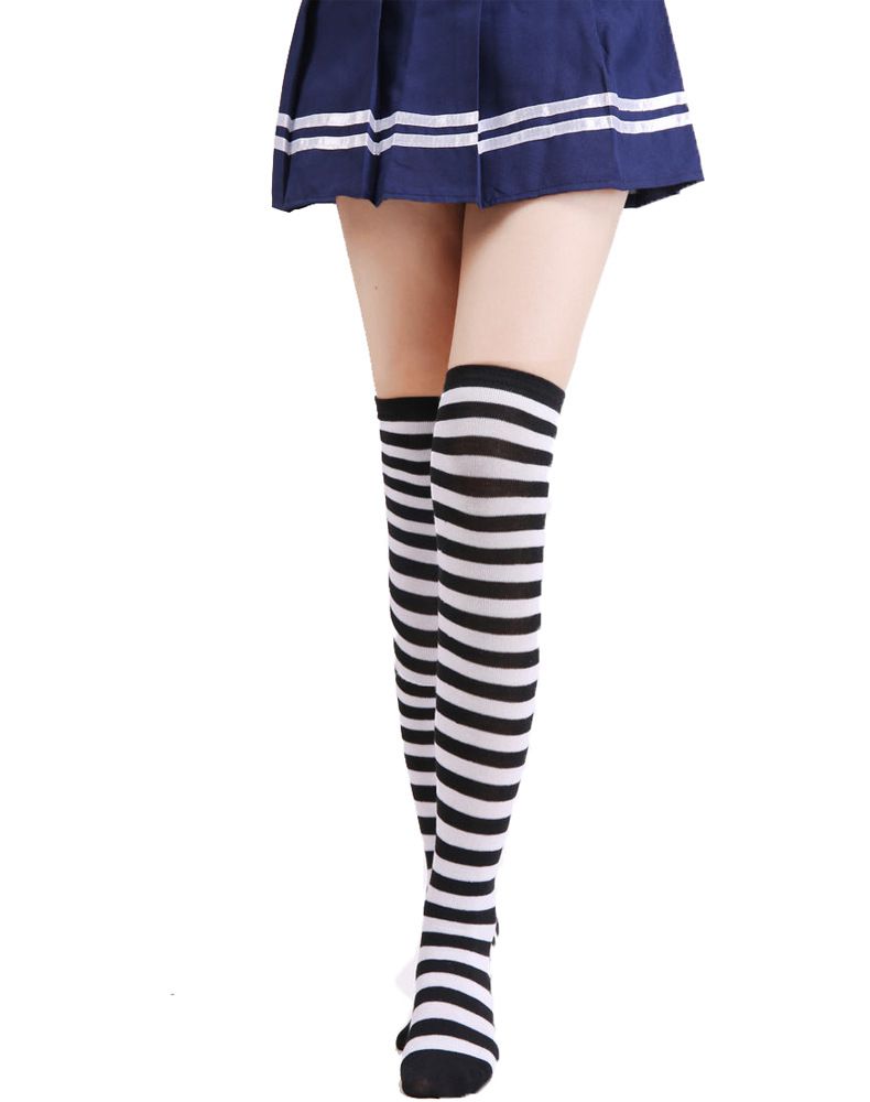 Calzini Harajuku in stile college giapponese, con tre strisce bianche e nere, da donna, sopra il ginocchio, da calcio, lunghi e alti_voghion.com