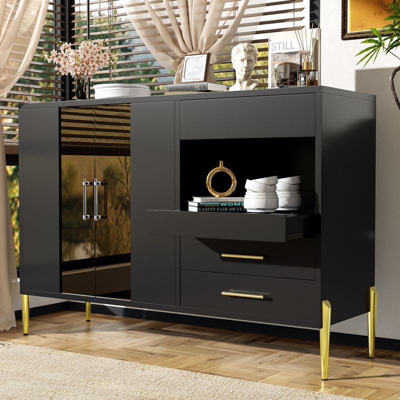 Credenza Schwarz Mit Tealfarbener Glastür, Kristallgriffen, Goldene Beine_voghion.com