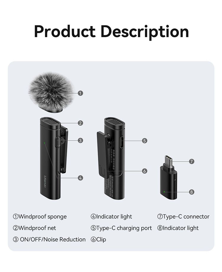 Ulanzi WM-10 vezeték nélküli csíptetős mikrofon 1 mikrofonhoz USB-C Android iPhone-hoz szélálló szivaccsal élő közvetítéshez_voghion.com