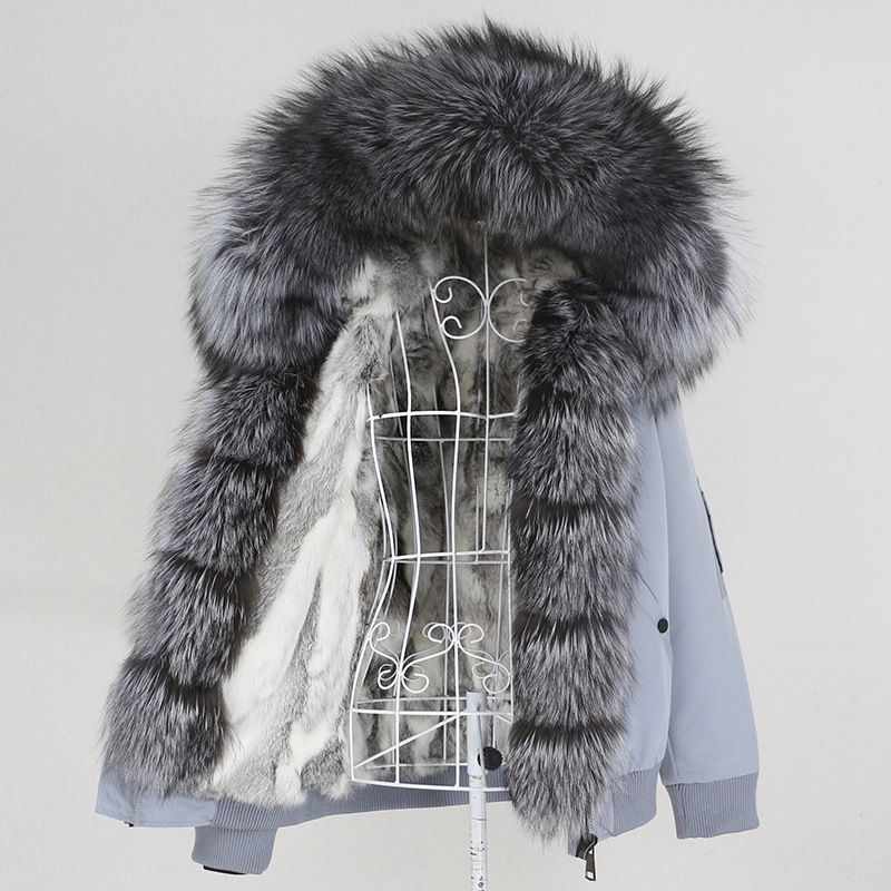 Damenbekleidung Parka im neuen Stil mit dickem Kaninchenfellfutter, abnehmbarem echtem Fuchspelz, großer Pelzkragenjacke, Pelzmantel_voghion.com