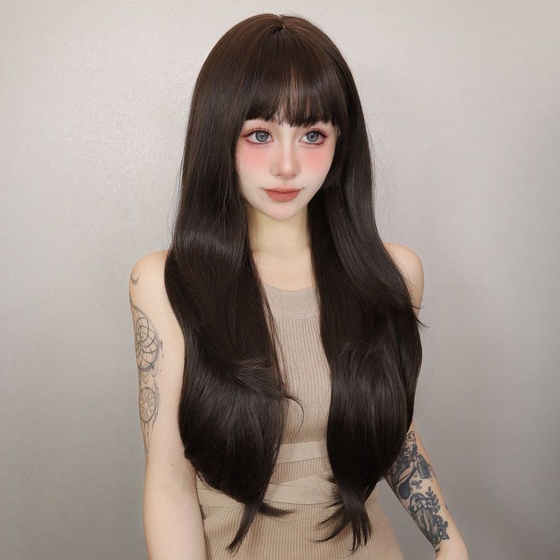 Perruque Femme Cheveux Longs Coréens Doux Mignon Quotidien Frange Lisse Noir Brun Dégradé Perruque Cheveux Longs Raides_voghion.com