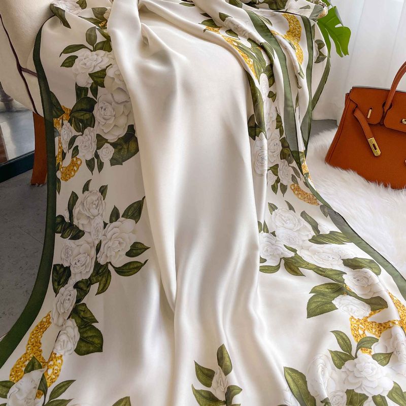 Spring, Summer, and Autumn New Korean Edition Simulated Silk Women's Camellia Decoration Versatile Shawl Sunscreen Beach_voghion.com