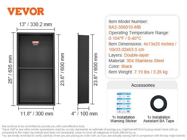 VEVOR 13"x25" No Tile Shower Niche 304 Stainless Steel, Wall-Inserted Niche Recessed Double Shelves, Sealed Waterproof Rust-Resistant Easy Cleaning Modern Niche For Shower Or Soap Storage Bathroom_voghion.com