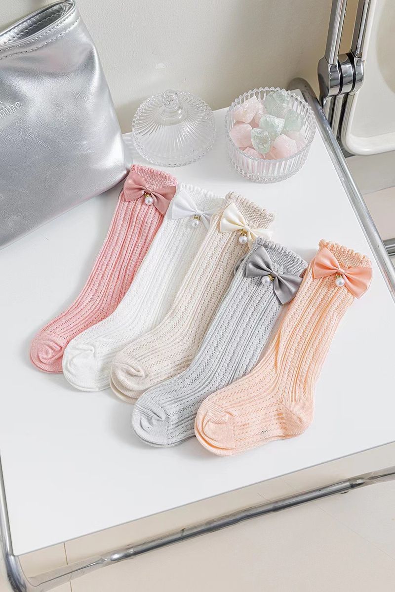Ubrania dziecięce Nowe damskie pionowe paski kokardki perłowe skarpetki rurki skarpetki słodkie dziecięce skarpetki siateczkowe księżniczki_voghion.com