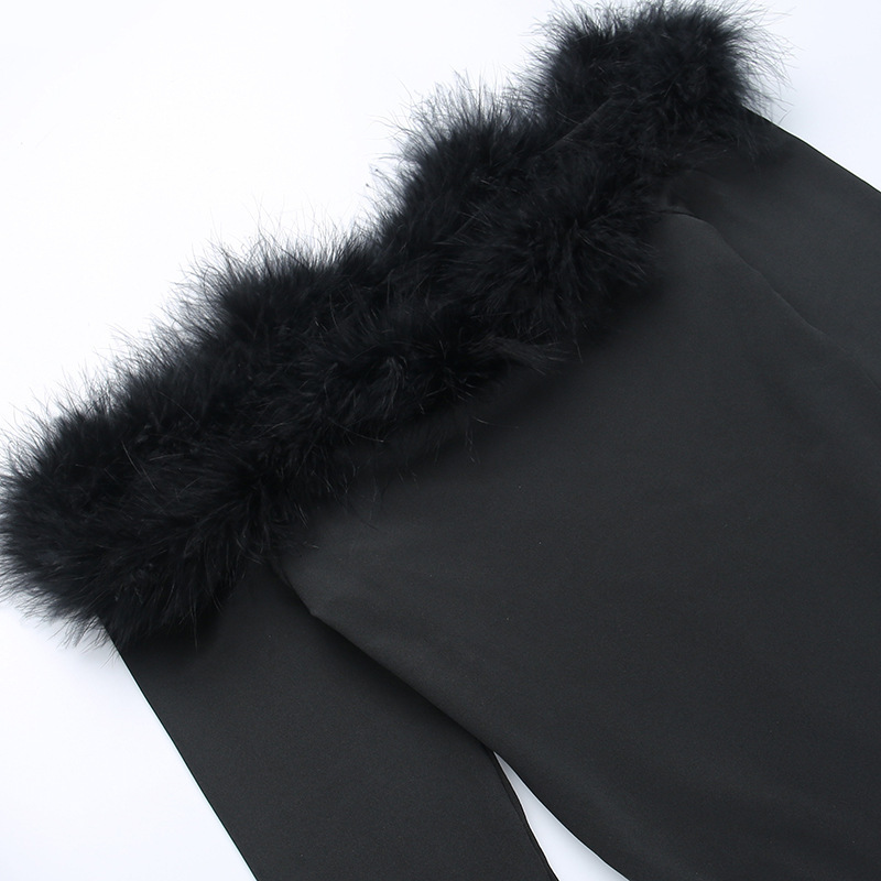 Combinaisons à manches longues en fourrure pour femmes, asymétrique épaule dénudée, hauts à manches longues pour filles, femmes_voghion.com