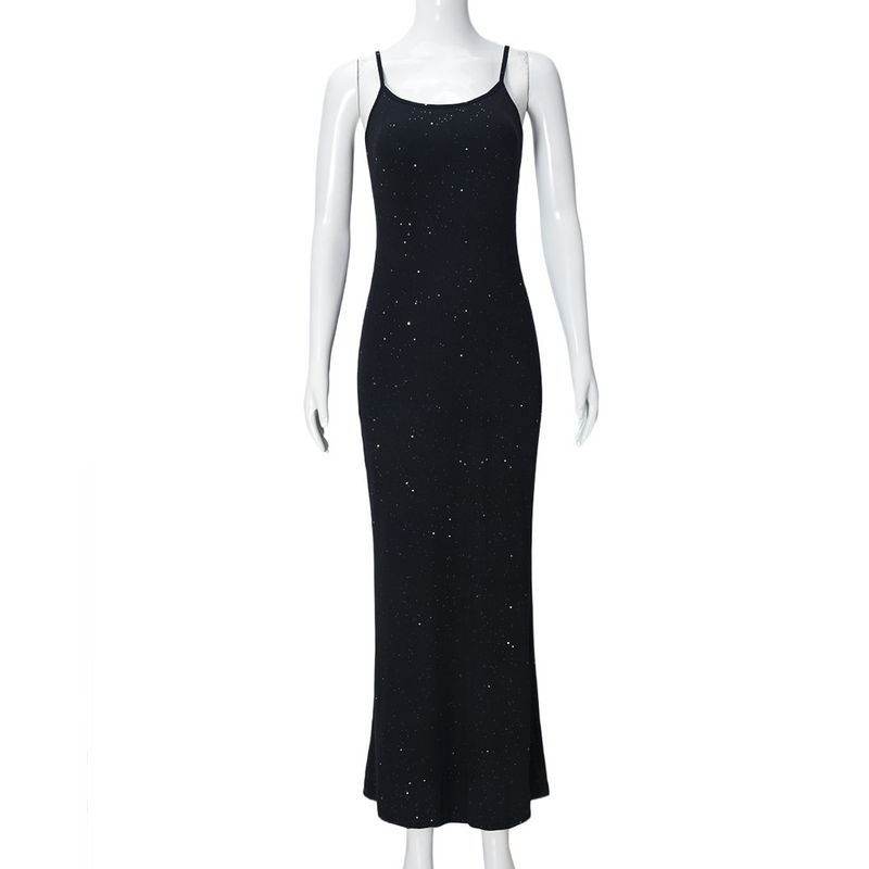 Sexy rückenfreies, figurbetontes Kleid mit Strassträgern – ärmelloses, langes Sommerkleid mit Schlitz für Frauen, dehnbare Clubwear aus Strick, elegant und lässig_voghion.com