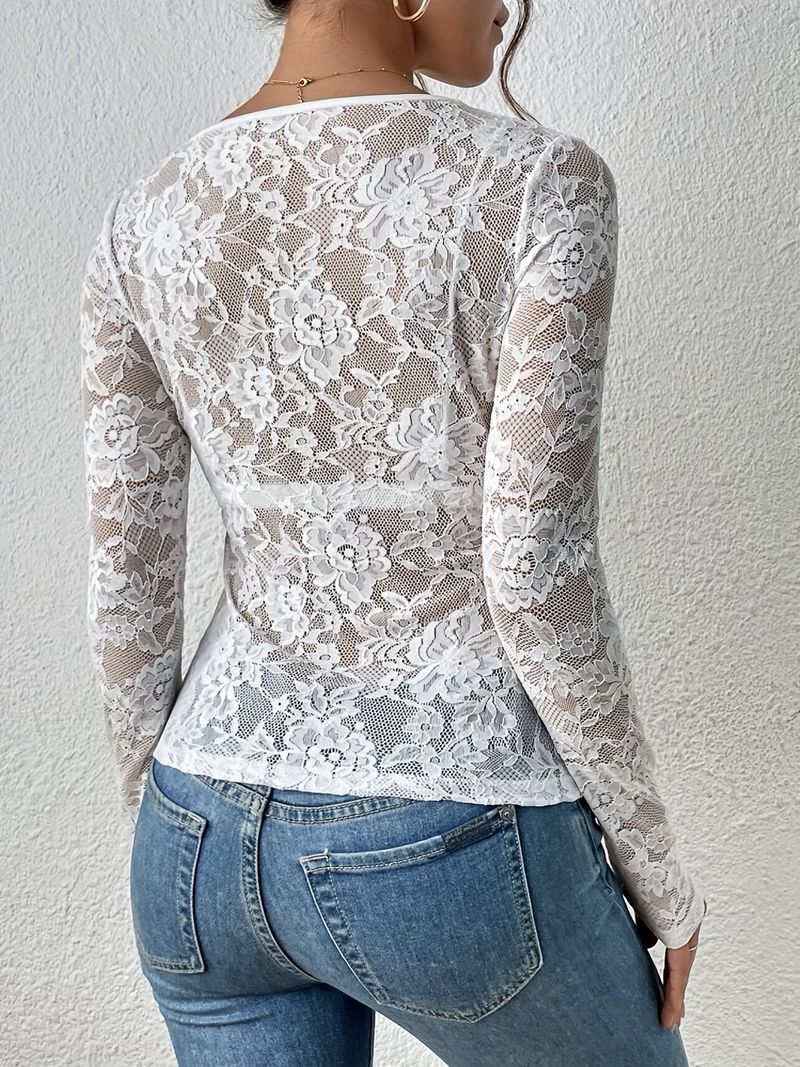Damenbekleidung Neue sexy einlagige Bluse mit floraler Spitze in Fächerform mit dekorativer Bodenbildung für Damen_voghion.com