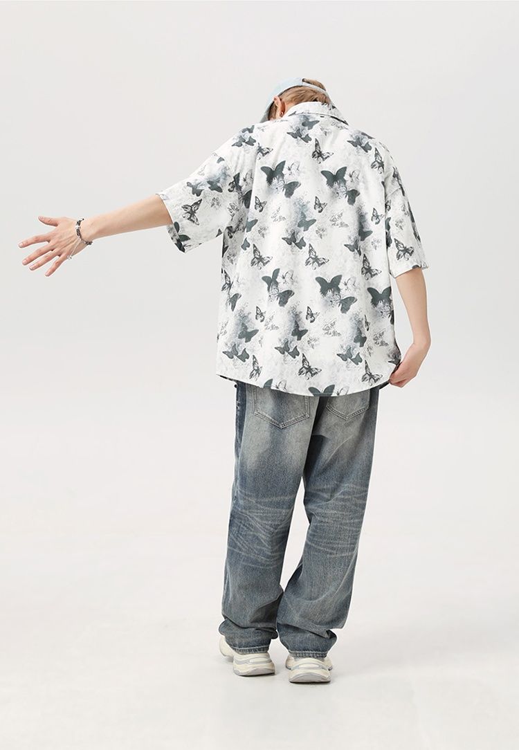 New product, Chinese ink butterfly tide brand loose and comfortable short-sleeved shirt_voghion.com
