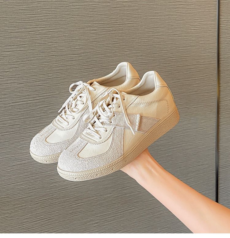 2025 Spring And Summer New Women's White Leather Color Block Patchwork Low Top Board Shoes, Flat German Trainers Fashionable Hundred_voghion.com