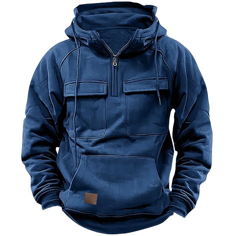 Taktisches Kapuzen-Sweatshirt mit halbem Reißverschluss für Herren, einfarbiges, warmes Fleece-Sweatshirt im Workwear-Stil, Kapuzenjacke mit mehreren Taschen für Herren_voghion.com