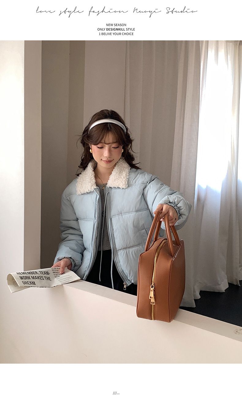 Cropped Sherpa-Lined Puffer Jacket – Korean Streetwear Belted Coat (4 Soft-Toned Colors, Lightweight Quilted Polyester)_voghion.com