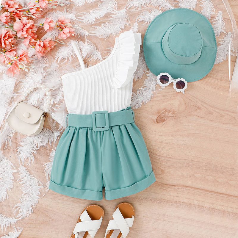 New Summer Girls' Set, Small Medium Children's Diagonal Shoulder Suspender with Flying Sleeves Top+Shorts and Hat Three_voghion.com