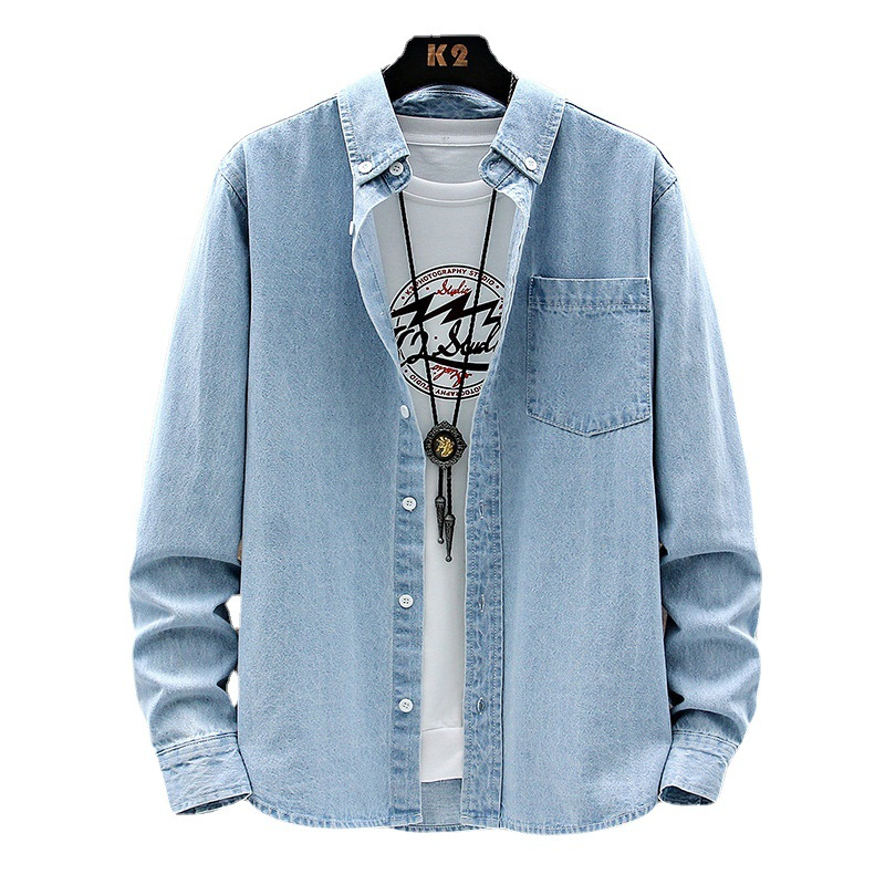 Commerce extérieur Printemps et Automne Chemises en Denim à Manches Longues Simples et décontractées Polyvalentes pour Hommes et Jeunes Col Polo Coton à Pois Couleur Unie Régulier_voghion.com