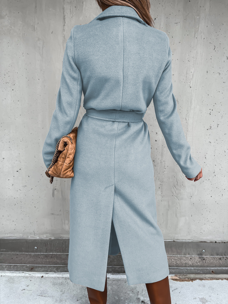 Damen-Trenchcoat aus Wolle mit einfarbigem Revers und langen Ärmeln und schlichter Schnürung_voghion.com