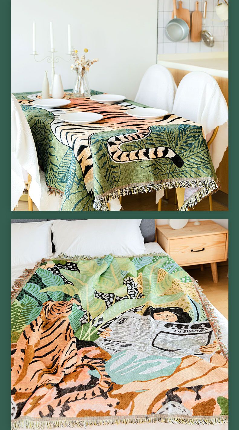 Copridivano Lazy Style, set copridivano con stampa tigre, copertura completa, design reversibile, morbida microfibra, multiuso, come trapunta per aria condizionata, set da 3 pezzi, beige e blu._voghion.com