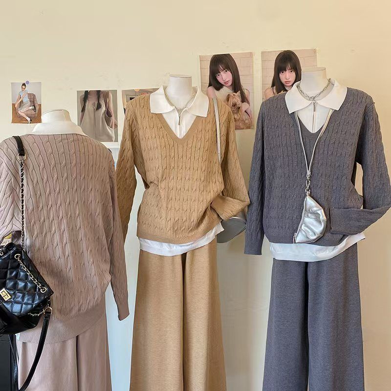 Women's Clothing women's autumn and winter new thick lapel stitching sweater two piece suit knitted sweater wide leg pants temperament suit_voghion.com