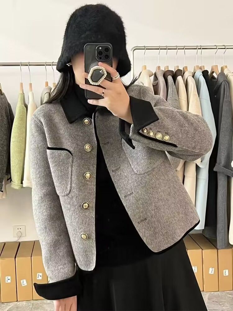 Kurzer Wollmantel für Damen – modische Oberbekleidung für Herbst und Winter, eleganter Blazer mit lockerer Passform, lässig-schickes Design, passt in kleine Größen, Grau und Beige_voghion.com