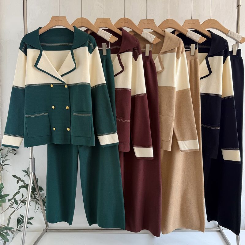 Stilvolles Damen-Set aus Strickblazer und Hose mit weitem Bein – zweireihiges, lässiges Büro-Zweiteiler-Outfit in Schwarz, Braun, Grün und Camel (Einheitsgröße)_voghion.com
