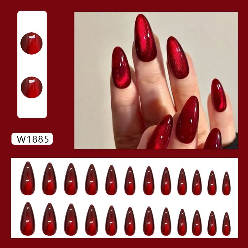 Bellezza e salute Elegante rosso occhio di gatto bianco unghie lunghe rimovibili pezzi di unghie 24 pezzi_voghion.com