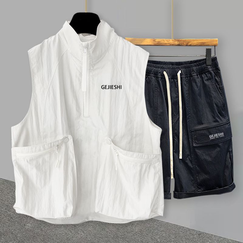 Herrenbekleidung Halbreißverschluss bestickte Stehkragenweste Anzug Herren Sommer koreanischen Stil trendiges Reißverschlusstaschen-Design lässig ärmelloses T-Shirt_voghion.com
