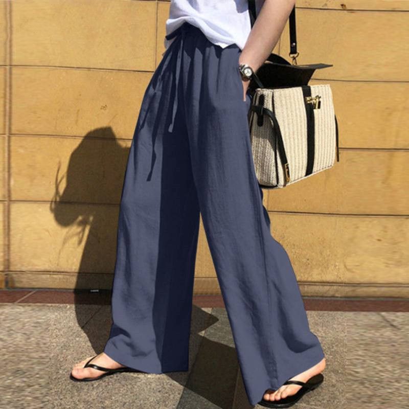 Pantaloni a gamba larga da donna, pantaloni di lino da donna alla moda a vita alta, pantaloni larghi casual in tinta unita all'ingrosso_voghion.com