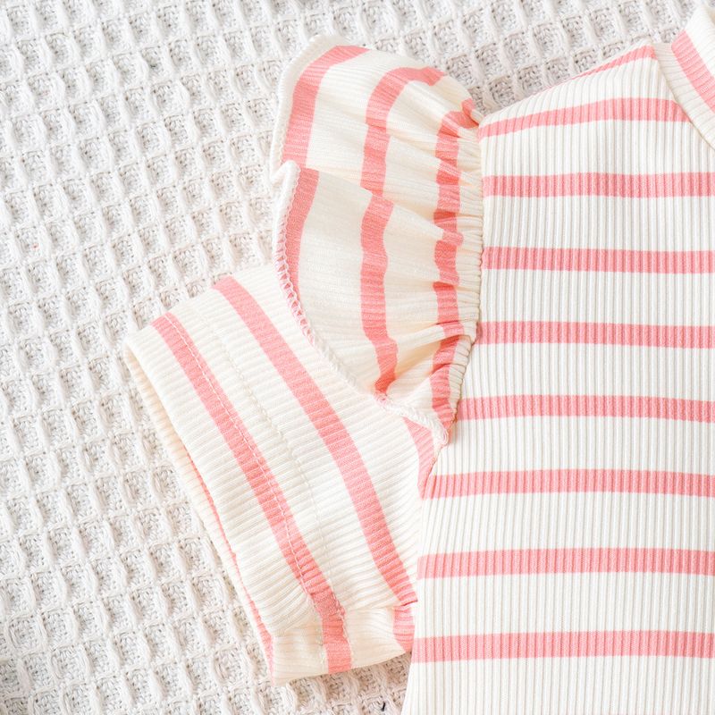 Set estivo per bambine, top a righe con scollo rotondo, maniche corte, patchwork, maniche a palloncino, pantaloncini con bordo ondulato_voghion.com