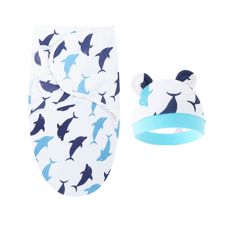 Conjunto de manta y gorro para bebé con estampado de dibujos animados de algodón para recién nacidos, manta ajustable para dormir para bebés de 0 a 6 meses para todas las estaciones_voghion.com