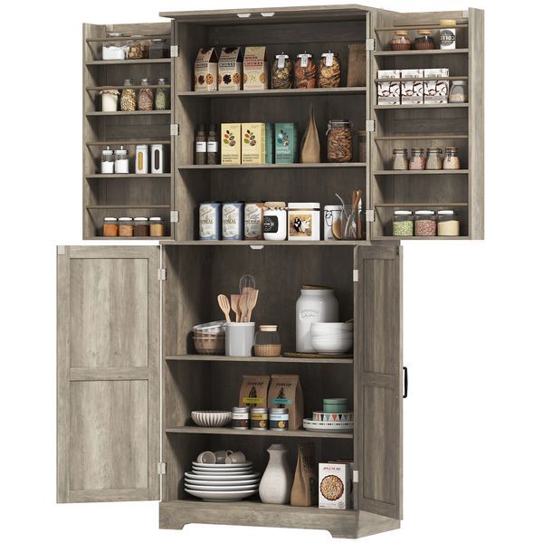 HOMCOM Farmhouse Kitchen Pantry, 72' Tall Pantry Cabinet With 4 Barn Doors, 4 Adjustable Shelves And 8 Door Shelves, Gray Wash_voghion.com