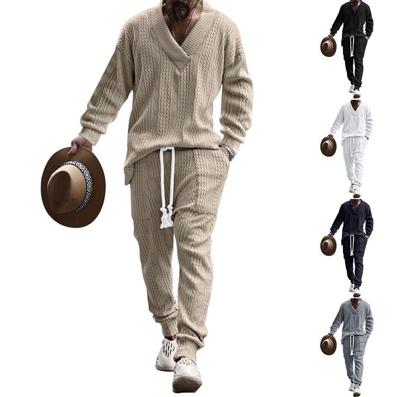 2 Fashionable Men's Casual Trousers V-neck Versatile Jacquard Knitted Sweater Men's Autumn Suit_voghion.com