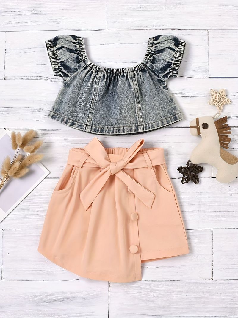 "Kids' Denim Wash Short-Sleeve Top + Asymmetrical Skirt & Belt 3-Piece Set – Soft Cotton Blend, A-Class Safe, Stylish For 3-8 Years (90-130cm)"_voghion.com
