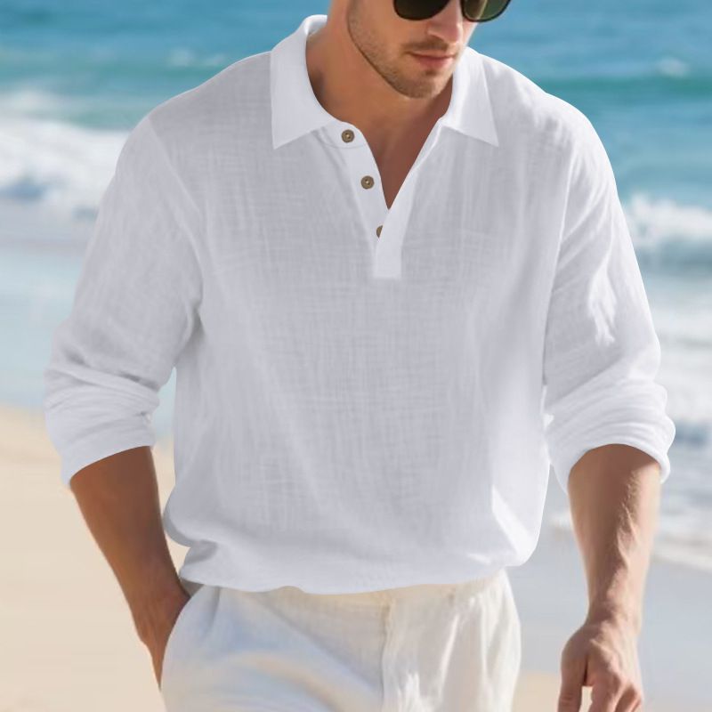 Herren-Leinenhemd mit Knopfleiste – Relaxed Fit Langarm-Polo mit Stehkragen (S-XXXL, atmungsaktiv und knitterfrei, Marineblau/Schwarz/Khaki)_voghion.com